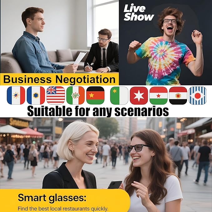 AI Smart Wireless Bluetooth Translation Glasses for Men/Women with Speakers/Bluetooth&140+ Languages Translation Sports/Travel/Drive/Busniess (E13+AI+Color Change Lenses+Black)