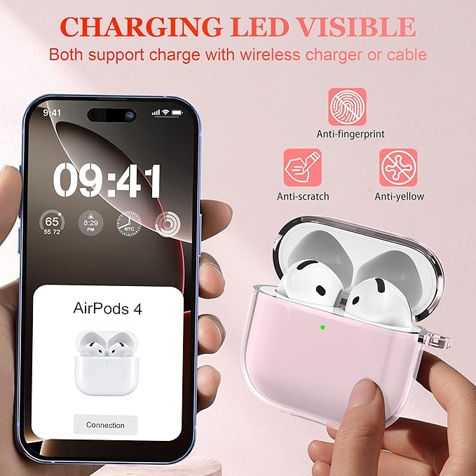 for AirPods 4th Generation Case Cover 2024, Military-Grade Shockproof, Soft TPU Highly Transparent Anti-Yellowing for AirPods 4 Case with Cleaning Kit & Cute Round Buckle, Clear Pink