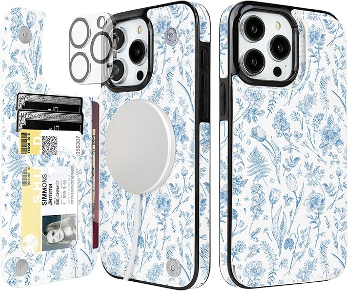 uCOLOR for iPhone 14 Pro Max 6.7" Wallet Case Magsafe with Card Holder Slot【Compatible with MagSafe】 Folio Flip PU Leather Double Magnetic RFID Design (Blue Toile Flowers)