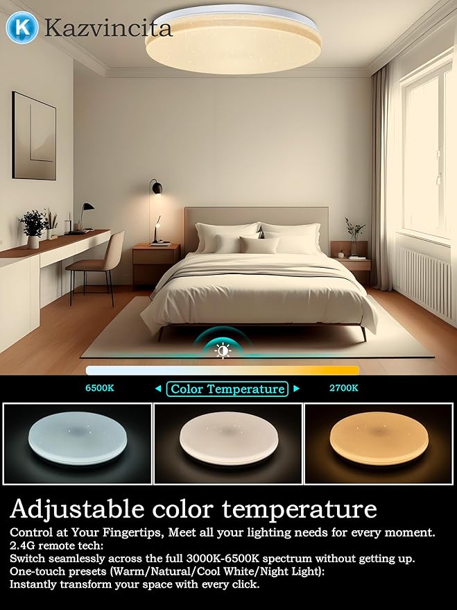 BT-Version LED Ceiling Light with Speaker 40W 12Inch Music Ceiling Lamp with Remote Control Adjustable Brightness & Color Temperature RGB Ambient Lighting for Kids Room Bedroom and More