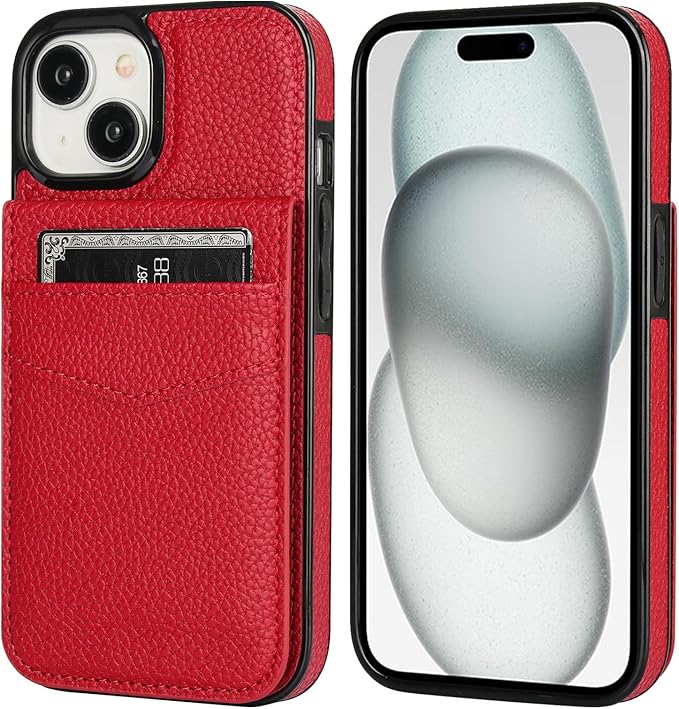 KIHUWEY Compatible with iPhone 15 Case Wallet with Credit Card Holder, Flip Premium Leather Magnetic Clasp Kickstand Heavy Duty Protective Cover for iPhone 15 6.1 Inch (Lichee Red)
