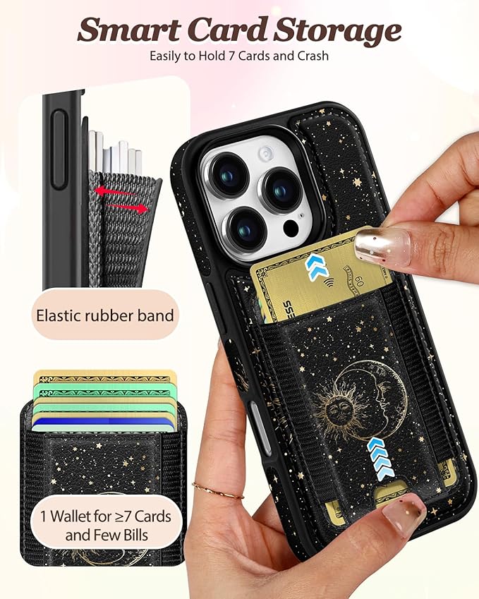 Shorogyt for iPhone 16 Pro Case Wallet - Fits 5 Cards, Compatible with Magsafe Detachable Magnetic Credit Card Holder Leather Cardholder Cute Phone Cover Women Girls for Apple 16Pro, Sun Moon