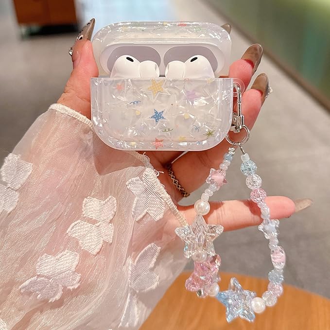 for AirPod Pro 3 Case 2025 Cute Dream Shell Pearl Shockproof Protective Cover with Strap Keychain Compatible for AirPods Pro 3rd Generation for Women Girls (Colored Stars)