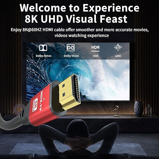 1.5FT HDMI 2.1 Cable 8K60Hz 4K120Hz, 48Gbps Ultra High Speed HDMI Cable with Gold Plated Connector, Red Aluminum Housing, for PS5, Xbox Series X, Gaming Monitor, Soundbar, Desktop Setup, AV Receiver.