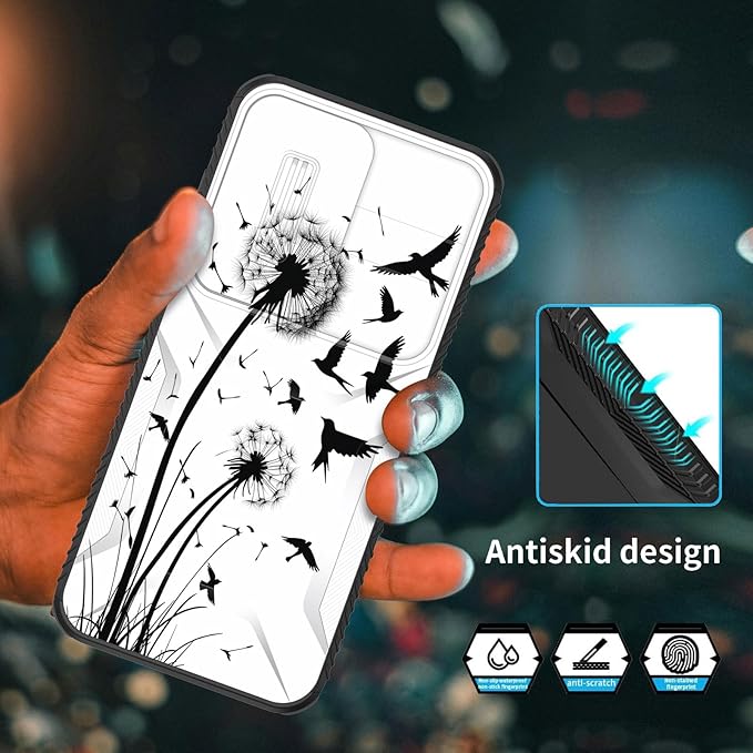 for Galaxy A35 5G Case Built in Slide Camera Lens Cover,Heavy Duty Shockproof Protection Dual Layer Case for Samsung Galaxy A35 5G 6.6 inch 2024,Dandelions and Birds
