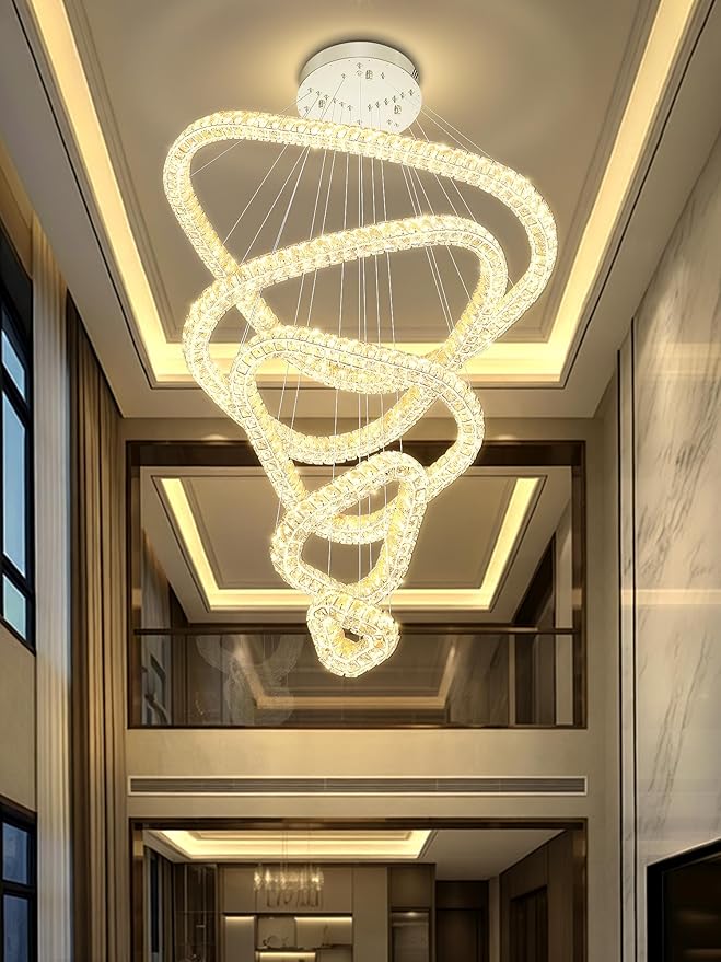 Flashing God H118 Modern Large Chandelier for Foyer 5 Rings Crystal Chandelier Stairway Chandeliers LED Dimmable Crystal Pendant Light for Living Room Entrance Hallway Sliver ﻿