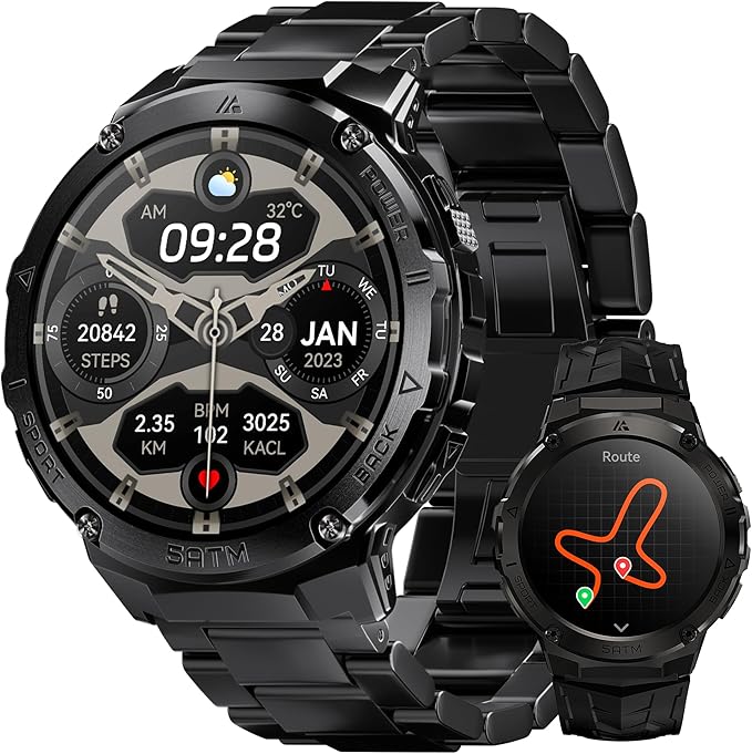 Smart Watches for Men GPS, Pressure,Altitude,Compass, 480mAh Extra-Large Battery, 50M Waterproof, Full Metal Body Rugged Smartwatch, Answer/Make Call,1.43" AMOLED Display (Black)