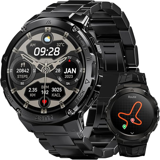Smart Watches for Men GPS, Pressure,Altitude,Compass, 480mAh Extra-Large Battery, 50M Waterproof, Full Metal Body Rugged Smartwatch, Answer/Make Call,1.43" AMOLED Display (Black)