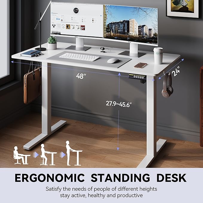 Electric Standing Desk48 x24 Adjustable Height Stand Up Desk with Lockable Wheels Ergonomic Sit Stand Desk for Work Office Home Computer Workstation (White)