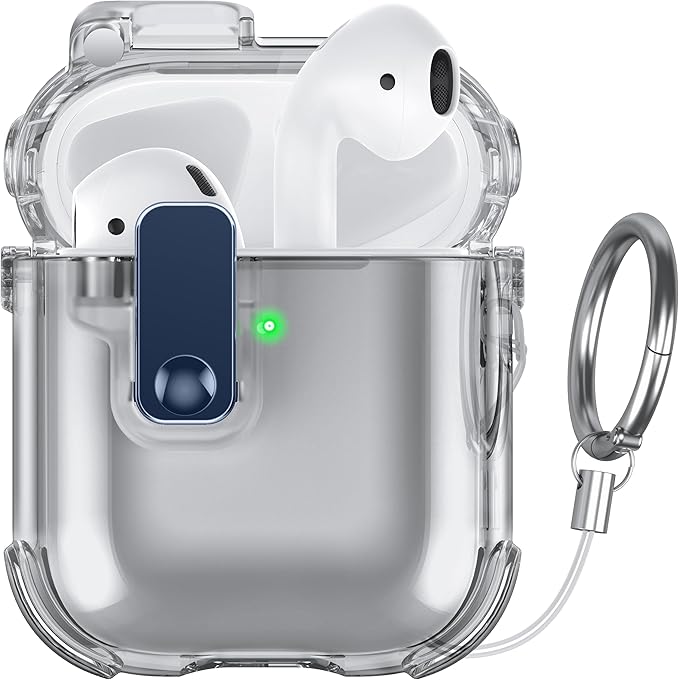 Case for AirPods 1/2 Case Cover with [Lock Safety & Pop Up][Military Shockproof] Anti-Yellow Transparent Soft TPU Wireless Charging for AirPods 1st/2nd Generation Case with Keychain,Clear Black