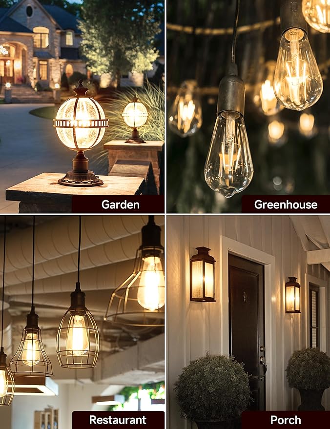Dusk to Dawn Light Bulbs: Outdoor Light Bulbs, 6W Equivalent 60W Edison Bulbs, 3000K Warm White, Vintage 600LM LED Outdoor Lighting, E26 Base, Photocell Sensor, Automatic Bulb for Porch Patio, 4 Pack