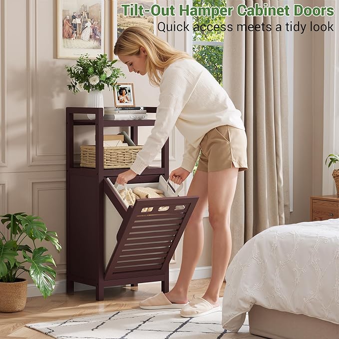 Homykic Tilt Out Laundry Hamper, 10 Gal Bamboo Laundry Storage Cabinet with Removable Basket, Hidden Hamper Organizer with Shelf for Dirty Clothes, Bathroom, Laundry Room, Space Saving, Espresso