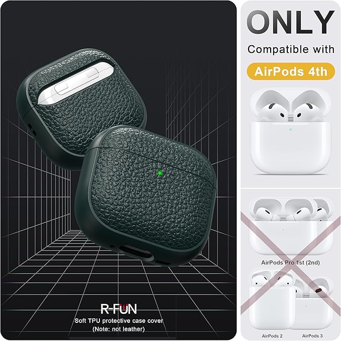 R-fun for Airpods 4 Case, Soft TPU (Leather-Like Design) Drop Protection Cover for Men and Women with Lanyard and Cleaner Kit, Compatible with Apple Latest Airpods 4th Gen(USB-C)(2024)-Green