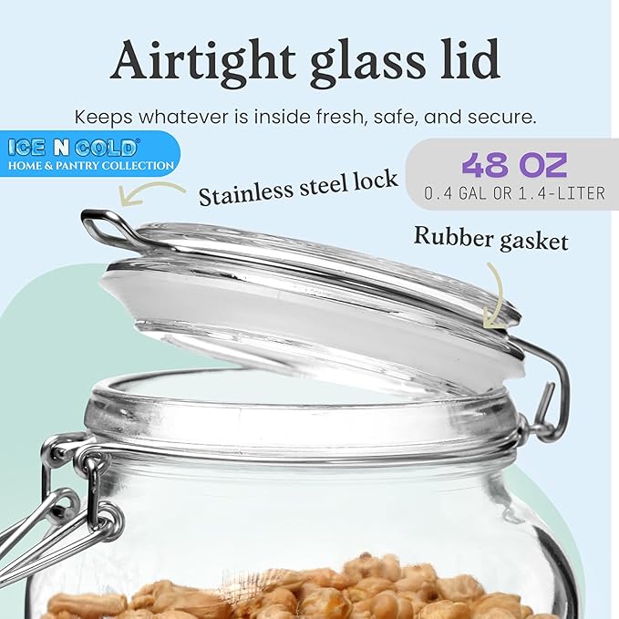 Airtight Glass Storage Jars with Clamp Lid – Food Storage Containers with Rubber Gasket Seal – Pantry & Kitchen Canisters for Dry Goods, Coffee, Sugar, Pasta – 0.4L to 4L Sizes (4, 48oz | 1.4L)