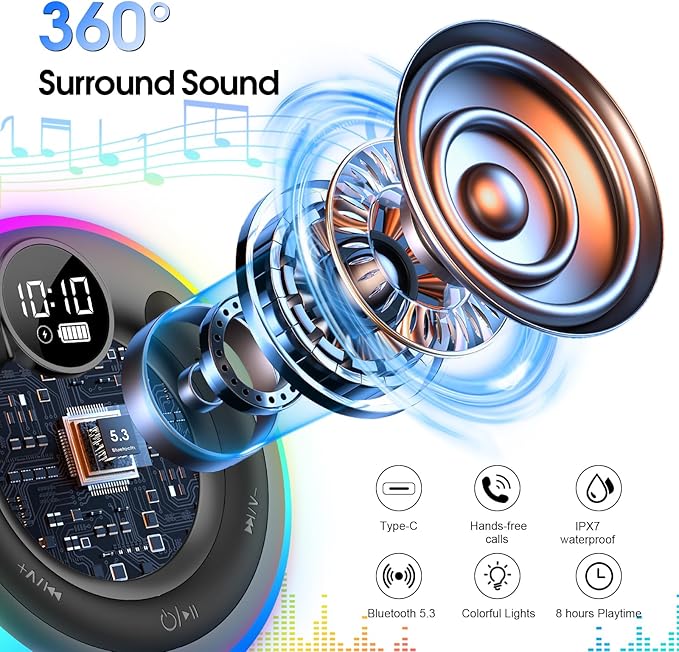 Portable Bluetooth Shower Speaker with Lights, Bluetooth 5.3, Small Wireless Speaker for Outdoor