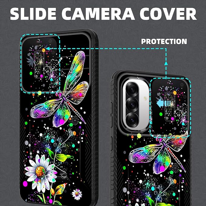for Galaxy A36 5G/A56 5G Case Built in Slide Camera Lens Cover,Heavy Duty Shockproof Protection Dual Layer Case for Samsung Galaxy A36 5G/A56 5G 6.7" 2025,Dragonfly and Daisy Flower