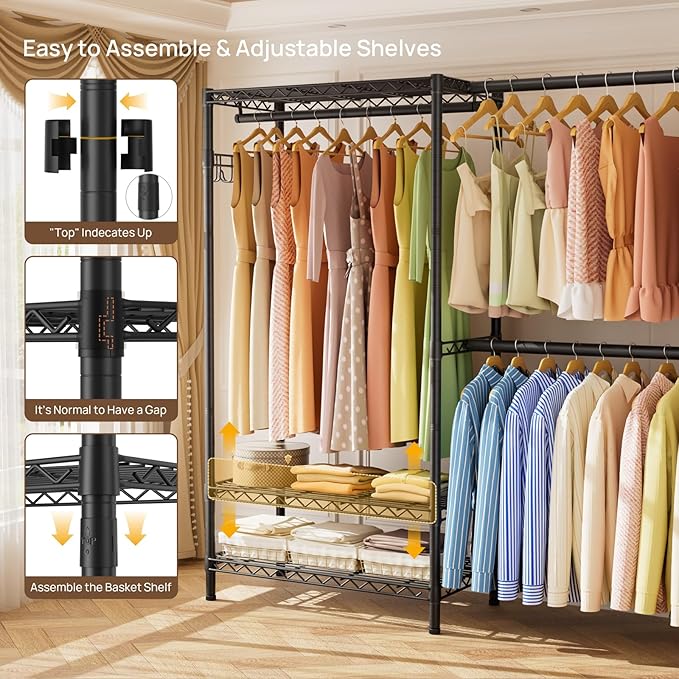 Expandable Heavy Duty Garment Rack Clothes Rack,Large Metal Closet Organizer System Storage Wardrobe,Freestanding Clothing Rack with 9 Adjustable Wire Shelves&3 Hang Rods,MaxLoad 1500lbs