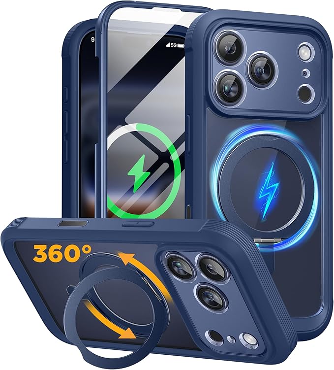 Miracase for iPhone 17 Pro Max Case with 360° Magnetic Ring Stand [Compatible with Magsafe] Full-Body Drop Proof Bumper Phone Case with Built-in 11H Tempered Glass Screen Protector,Blue