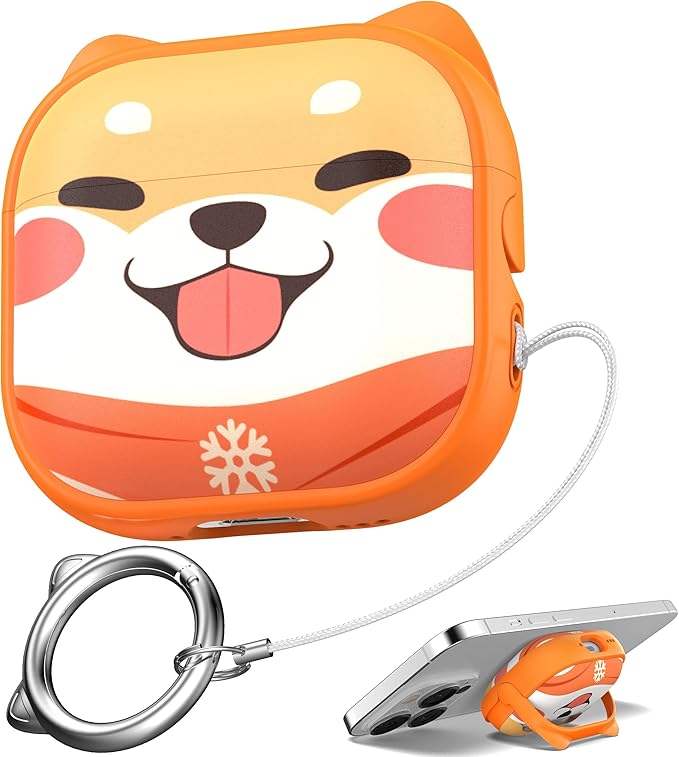 for AirPods 4 Case with Cleaning Kit, Cute Cat Ear Print Design & Cute Buckle, Inverted Phone Holder Design, Top Safe Lock Buckle Design, for Girls AirPods 4 case 2024, Orange Dog