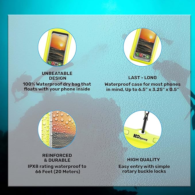 H2ODYSSEY Waterproof Phone Case and Lanyard - Excellent Waterproof Protection - Floats in The Water -Lanyard for Beach Kayak Travel - Universal Size - Yellow