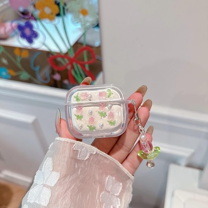 JANDM 3D Tulip for AirPods 3 Case with Keychain, Clear Glitter Pink Floral Design, Shockproof Protective Cover for Women Girls with Flower Charm Strap