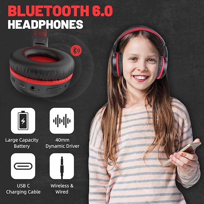 U2B Active Noise Canceling Wired & Wireless Bluetooth 6.0 Headphones with Microphone, Foldable Lightweight Head Phones with Volume Control‌ for Kids Adult School Black Red