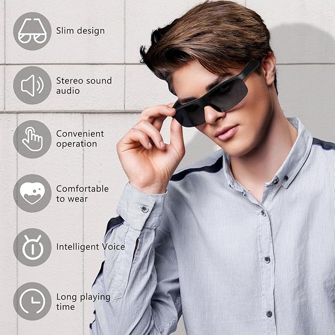 Smart Glasses, Polarized Bluetooth Sunglasses with Speaker, Voice Assistant, Open Ear, UV Protection Outdoor Audio Glass (Black Frame-Black Lens-Style2)