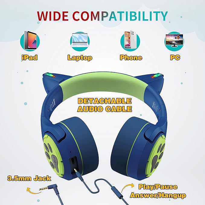 Riwbox CF9 Cat Ear Kids Bluetooth Headphones with LED Light Up,Safe 85dB Volume Limit,Built-in Mic&Boom Mic for Calls,Kids Wireless&Wired Headphones for Tablet/Airplane/School/Online Learning(Blue)