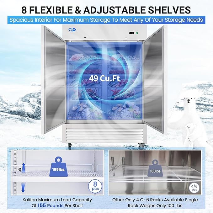 54" Reach-in Commercial Freezer with 2 Solid Door & 8 Shelves, 49 Cu.ft Stainless Steel Freezer Fan Cooling Freezer for Restaurant, Bar, Home, Shop, and Business