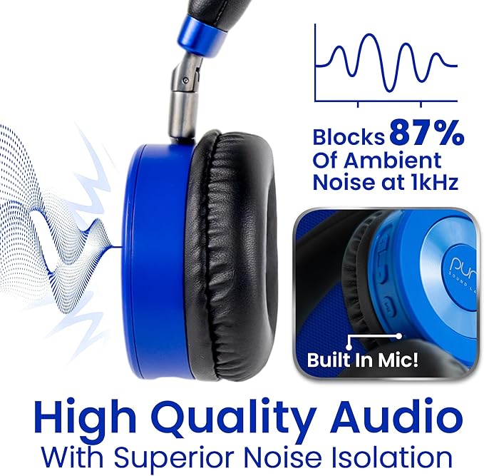 Puro Sound Labs JuniorJam Plus Volume-Limiting Wireless Bluetooth Headphones for Kids, Secure Audio with Adjustable On-Ear Design, 22-Hour Battery Life, Ideal for Tablets, Smartphones & PCs - Blue