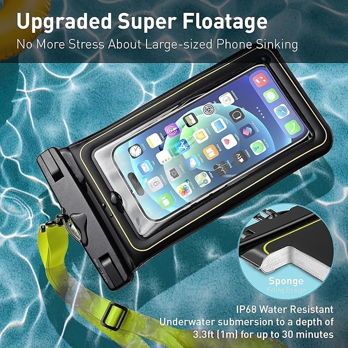 Floating Waterproof Pouch, with Adjustable Neck Lanyard, Marine IP68 Cellphone Dry Bag Compatible with 17/16/15/14/13 Pro Max/12/S24 Up to 7", 1 Pack-Black/Yellow,1 Pack