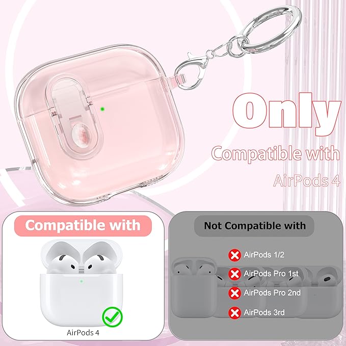 for AirPods 4th Generation Case Cover 2024, Military-Grade Shockproof, Soft TPU Highly Transparent Anti-Yellowing for AirPods 4 Case with Cleaning Kit & Cute Round Buckle, Crystal Pink