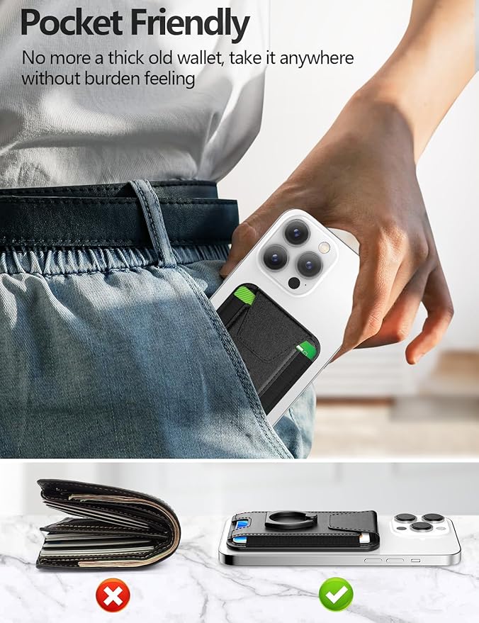 For Magsafe Wallet with Grip, 6-Card Holder, Stronger Magnetic Card Wallet Holder for iPhone 17/16/15, iPhone 14/13/12 Series, Leather Magnetic Phone Wallet with Privacy Flap, RFID Blocking, Black