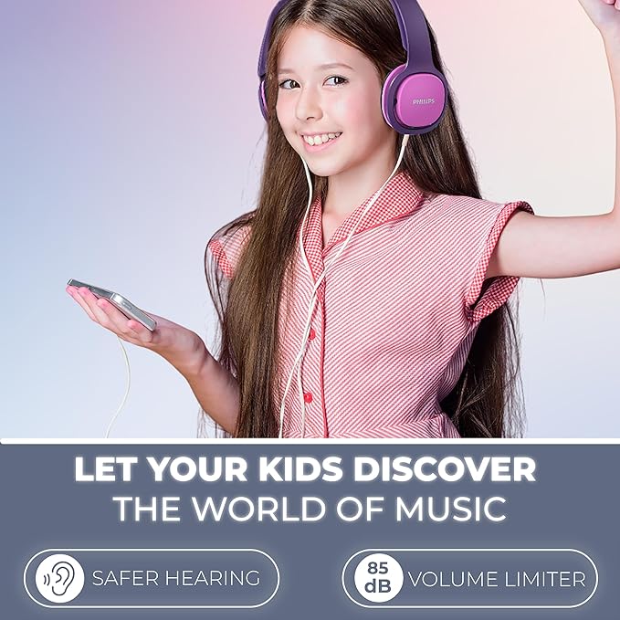 PHILIPS Kids Headphones with Cord, On-Ear Wired Headphones for Kids with Comfortable Fit & Clear Stereo Sound, 85dB Volume Limiter Headset for School/Tablet/iPad/Kindle, Ideal for Girls & Toddlers