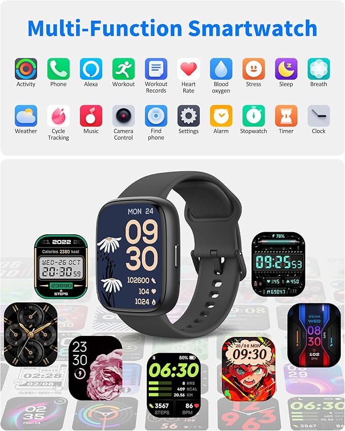 Smart Watch Men Women with Voice Assistant, 1.83" HD Fitness Tracker, Bluetooth 5.3 Call, Heart Rate SpO2 Sleep Monitor, IP68 Waterproof, 100+ Sports Modes, Pedometer for iOS Android