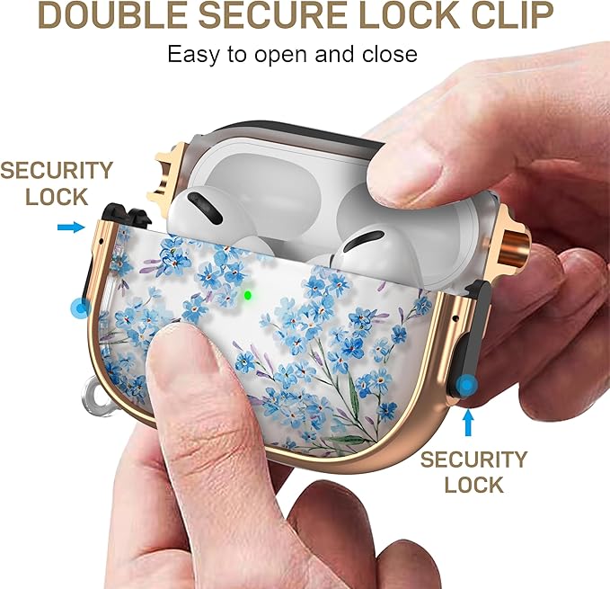 Maxjoy for AirPods Pro 3rd Generation Case with Lock, Clear AirPods Pro 3 Case Lock Protective Hard Flower AirPod Pro 3 Cover for Women Men with Keychain for Airpod Pro 3rd Gen Cover 2025, Blue