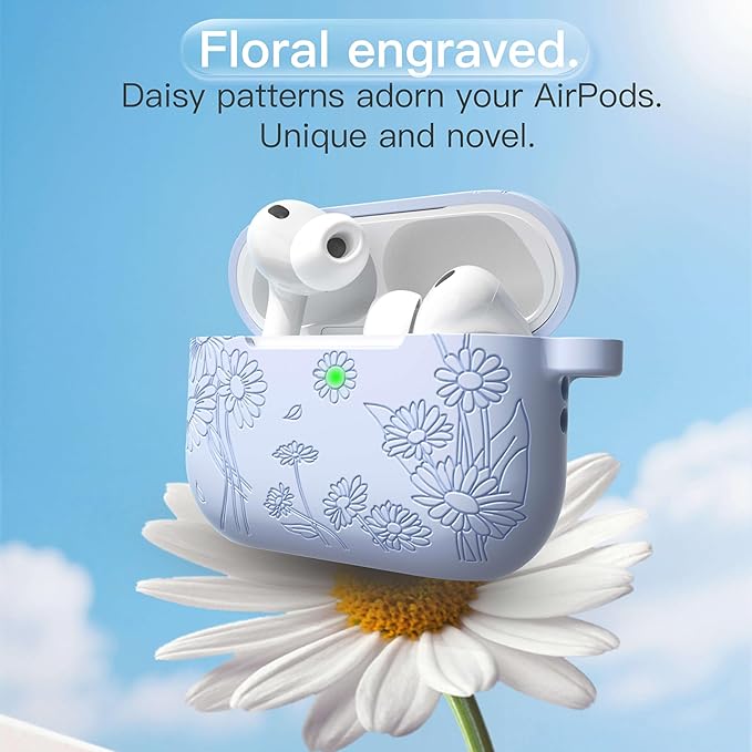 for AirPods Pro 3 Case (2025) DamonLight Daisy Floral Engraved Shockproof Protective Soft Silicone Case Cover with Cleaning Pen and Keychain for Apple Airpods Pro 3rd Generation (Blue)