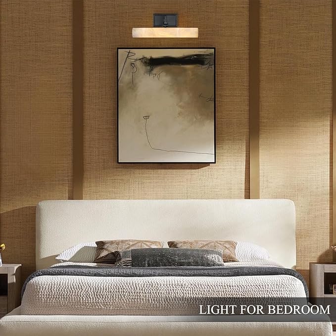 Alabaster Picture Light Hardwired, Modern Spanish Marble Bathroom Lights over Mirror, 12in Black Vanity Lights for Wall, Dimmable Gallery Light, Picture Frame Light for Painting, Artwork, Bookcase