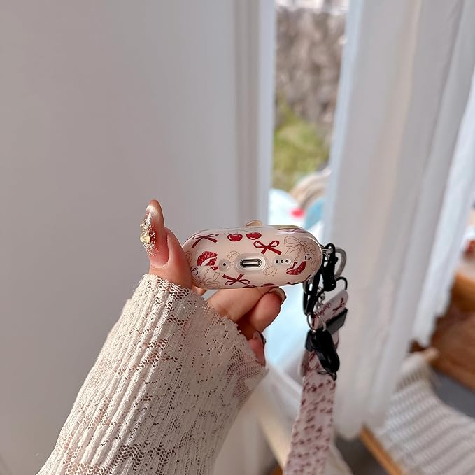Vintage Bow Cherry Lip Design Air Pod 4th Generation （2024） with Bow Cherry Lip Lanyard Keychain，Unique IMD Process TPU Soft Air Pod 4th Case