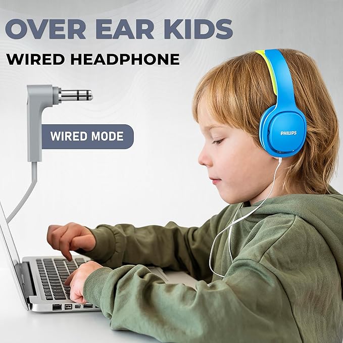 PHILIPS Kids Headphones with Cord, On-Ear Wired Headphones for Kids with Comfortable Fit & Clear Stereo Sound, 85dB Volume Limiter Headset for School/Tablet/iPad/Kindle, Ideal for Boys & Toddlers