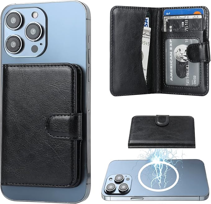 Bocasal for MagSafe Wallet Magnetic Card Holder, RFID Blocking Leather Card Slots for iPhone 17/16/15/14/13/12 Pro/Max/Plus/Air, Adjustable Kickstand Flip Mag Safe Wallet (Black)
