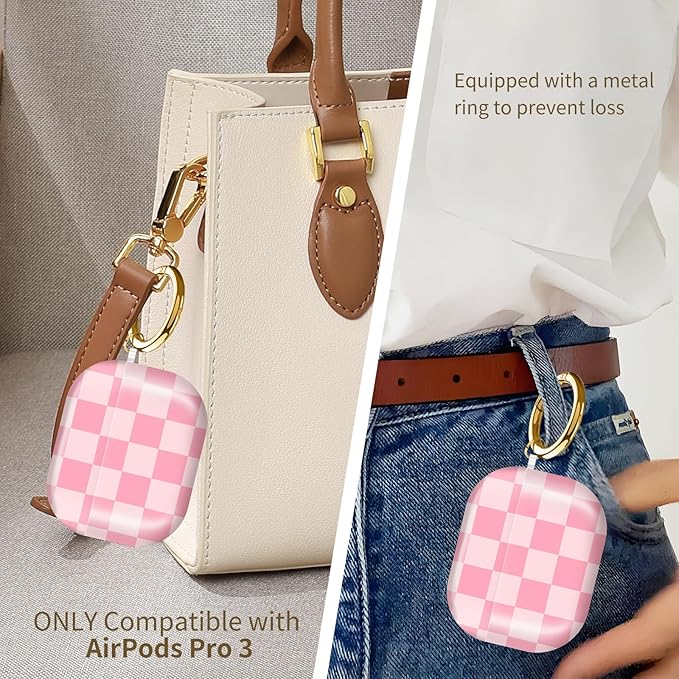 Compatible with AirPods Pro 3rd Generation 2025 Case Cover with Gold Keychain - Cute Protective Hard AirPod Pro 3 Cases for Women - Beige Pink Checkered