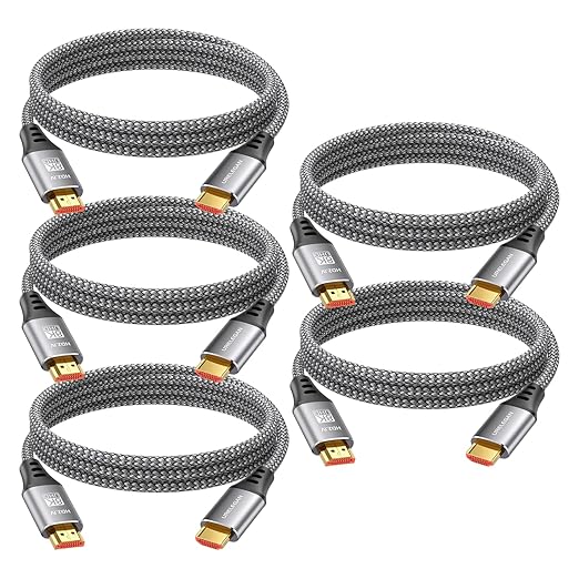 8K 4K HDMI Cable 6FT 5-Pack, HDMI to HDMI Cord 4K@120Hz/144Hz, 8K@60Hz, HDMI 2.1 Support eARC, HDCP2.3/2.2, HDR10+ for KVM, Fire TV Stick, PS5, Xbox, LG, Roku, Switch, Portable Monitor.