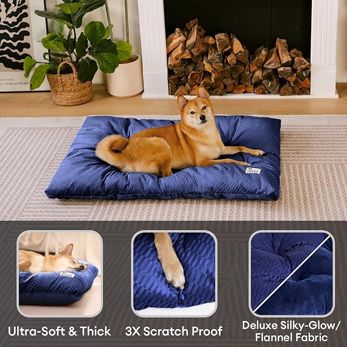 FUNNY FUZZY 42x28 Washable Dog Bed Crate Mat, 2 in1 Pet Pillow Sleeping Bed, Fluffy Deluxe Kennel Mattress for X-Large Dog and Cat,Charcoal Grey,XL,Midnight Blue