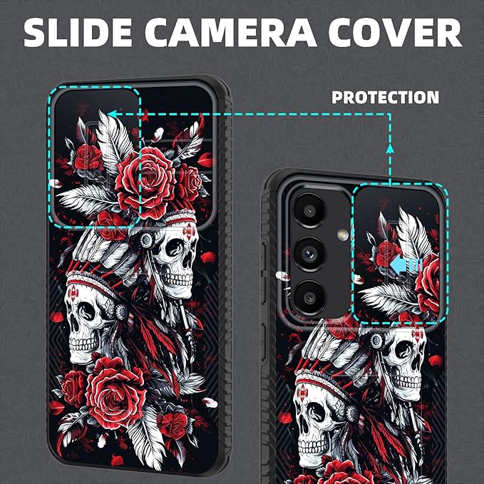 for Galaxy S24 FE Case Built in Slide Camera Lens Cover,Heavy Duty Shockproof Protection Dual Layer Case for Samsung Galaxy S24 FE 5G 6.7" 2024,Skull Art with Feathers and Roses
