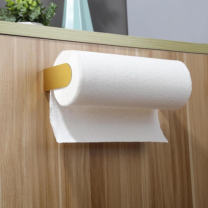 YIGII Adhesive Paper Towel Holder Under Cabinet - Single Hand Operable Paper Towel Rack Stick on Counter for Kitchen, SUS-304 Stainless Steel (Brushed Gold)