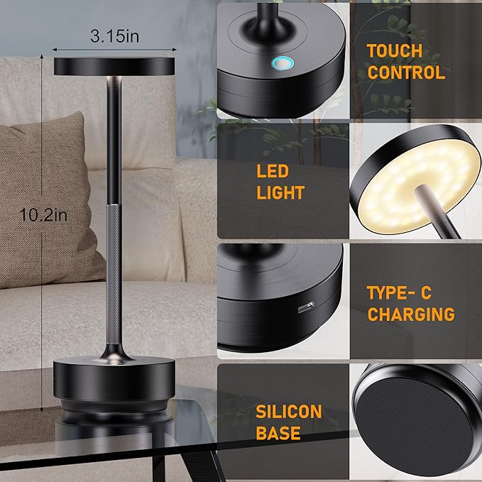 SAKRINGT Rechargeable Cordless Table Lamp - Battery Operated LED Portable Table Light with 3 Color Stepless Dimming, Memory Function - IP54 Waterproof for Outdoor, Restaurant, Patio, Camping