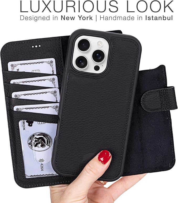BLACKBROOK Case for iPhone 16 Pro Max Wallet Case for Men and Women, Carter Full Grain Leather 2-in-1 Set for MagSafe Charging, Cash, ID and 4 Card Slots with RFID, Compatible with iPhone 16 Pro Max