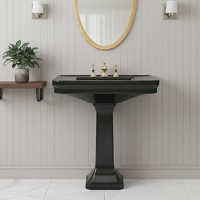 Victoria 32" Large Black Pedestal Bathroom Sink With Overflow Heavy Duty Porcelain Pre-Drilled Widespread Faucet Holes Renovators Supply Manufacturing