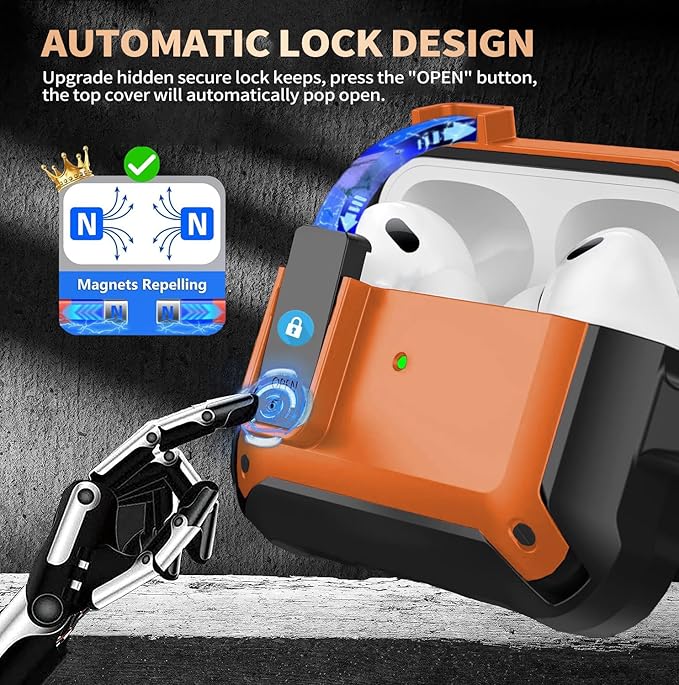 for Airpods Pro 3 Case with Magnetic Automatic Lock, Rugged Apple Airpods Pro 3rd Generation Cover 2025, Armor Shockproof iPod Pro3 Gen Protective Shell with Carabiner&Cleaner kit, Black/Orange